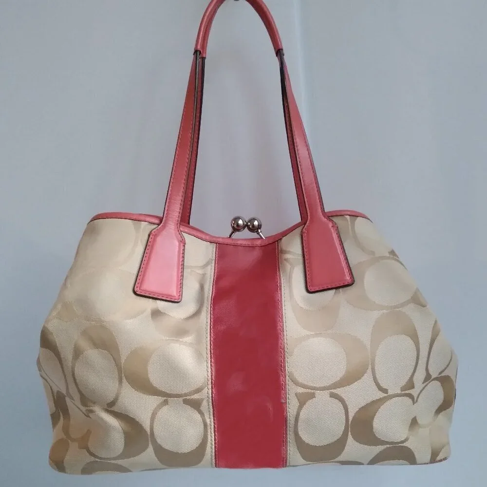 Coach Signature Stripe Kiss Lock Coral & Beige Frame Carryall Bag